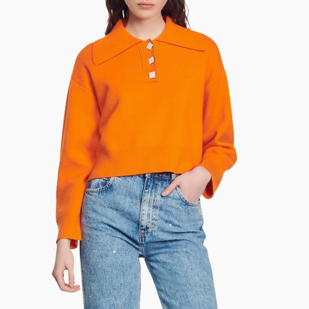 Sandro Menton Jewel Button Crop Polo Sweater- New